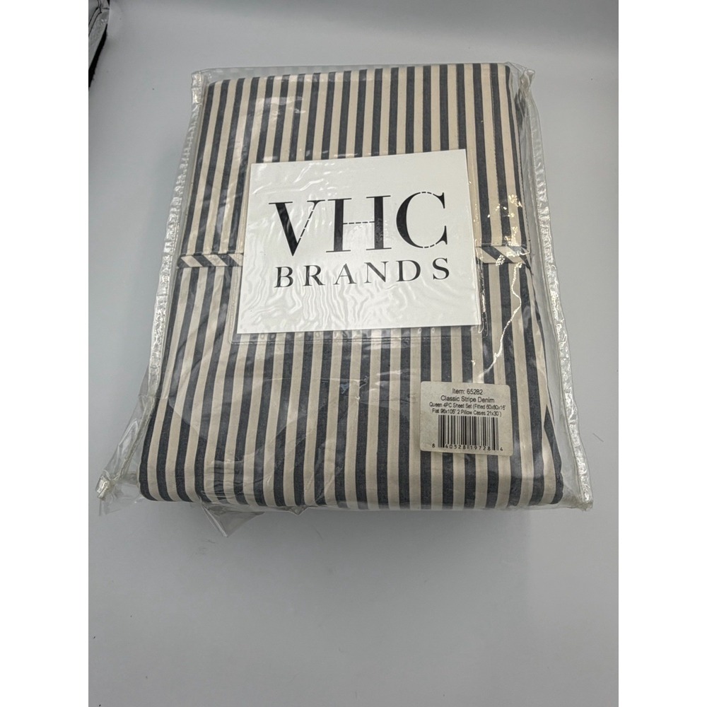 VHC Brands Queen Sheet Set Blue Stripe Denim Cotton 4pc Farmhouse